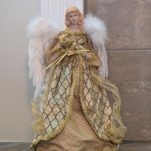 Porcelain Angel Vintage Christmas Tree Topper 16in Gold Velvet Dress